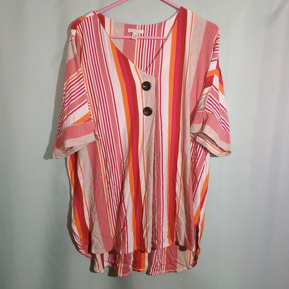 Women’s Coral Pink Stripe Blouse V Neck Button Front Short Sleeve Casual Top